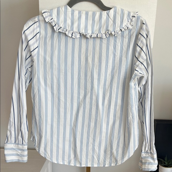 Anthropologie Blue and White Striped Ruffle Collar Button-Down Shirt - Picture 3 of 3